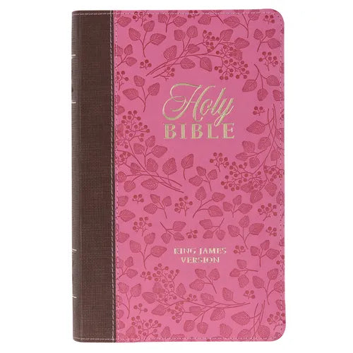 KJV Holy Bible, Giant Print Standard Size Faux Leather Red Letter Edition - Thumb Index & Ribbon Marker, King James Version, Brown/Pink Berry - Leather