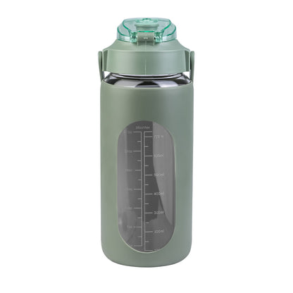 34Oz Glass Water Bottle Sports Water Bottle Motivational Water Bottle Water Intake Tracker Bottle with Straw Time Marker Silicone Sleeve Handle for Gy