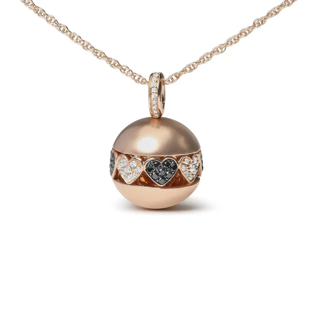 Black and White Diamond Heart Ball Pendant in 18K Rose Gold 3/8 Cttw