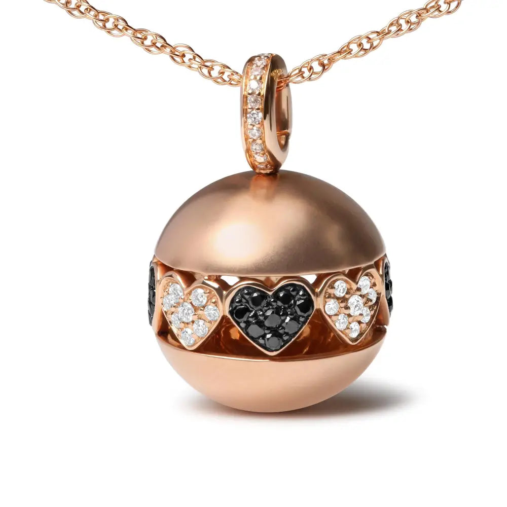 Black and White Diamond Heart Ball Pendant in 18K Rose Gold 3/8 Cttw