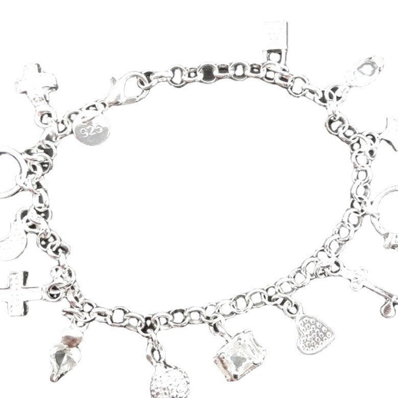 Y2K Multi Mixed Charms Chain Bracelet For Women, Silver Tone Clear Tone Simulated Zirconia Cross Moon Star Heart Key Lock Dangle Hand Jewelry Daily Casual Accessories