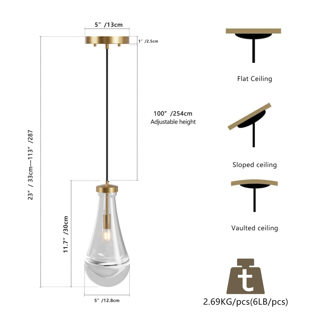 Raindrop Pendant Light – Hand-Blown Clear Glass Shade & Brass/Black Rod | Kitchen Island, Dining Room & Entryway