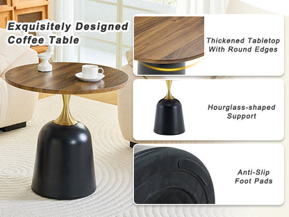 23.6 in Round Side Table, Metal Base, Walnut Wood Grain, Living Room Office