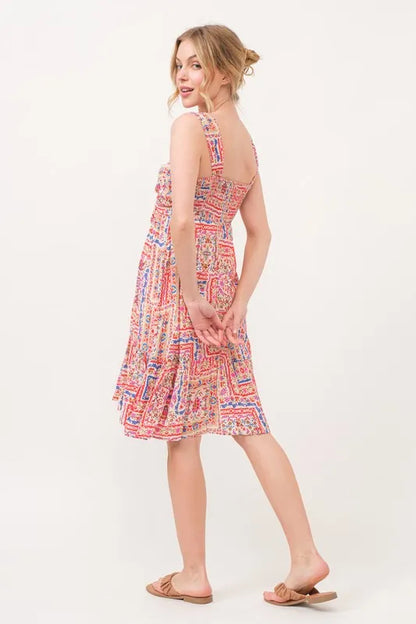 And The Why Tied Front Smocked Back Tiered Boho Printed Dress