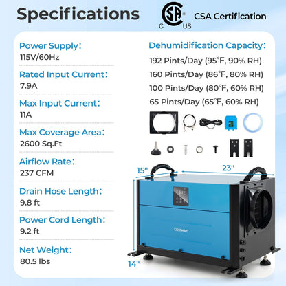 192 Pint Crawl Space Dehumidifier with 3 Modes and 24H Timer