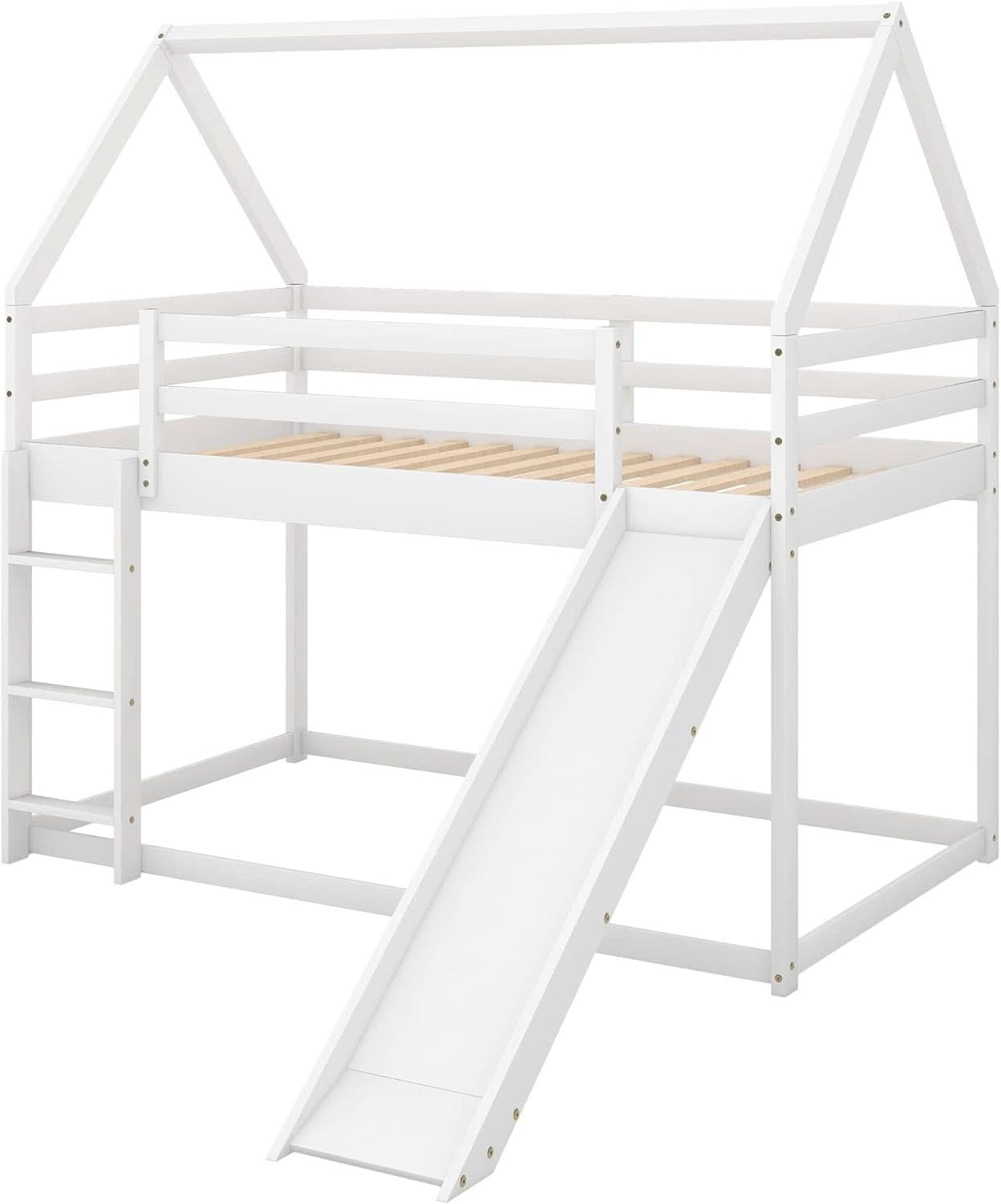 Twin Over Twin House Bunk Bed With Slide Solid Wood