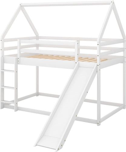 Twin Over Twin House Bunk Bed With Slide Solid Wood