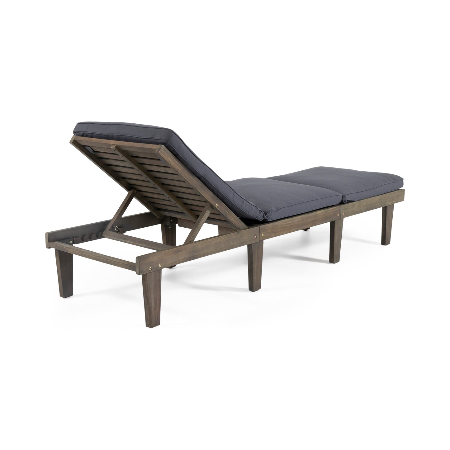 Outdoor Chaise Lounge Acacia Wood Gray Full-Length Cushion 78.75x24x30.5 In