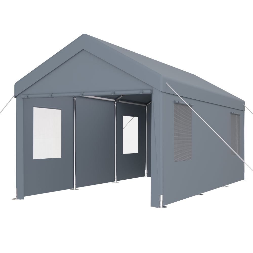 10×20 FT Portable Carport Garage | Heavy-Duty Galvanized Steel Frame with 2 Roll-Up Doors & 4 Ventilated Windows — White / Grey