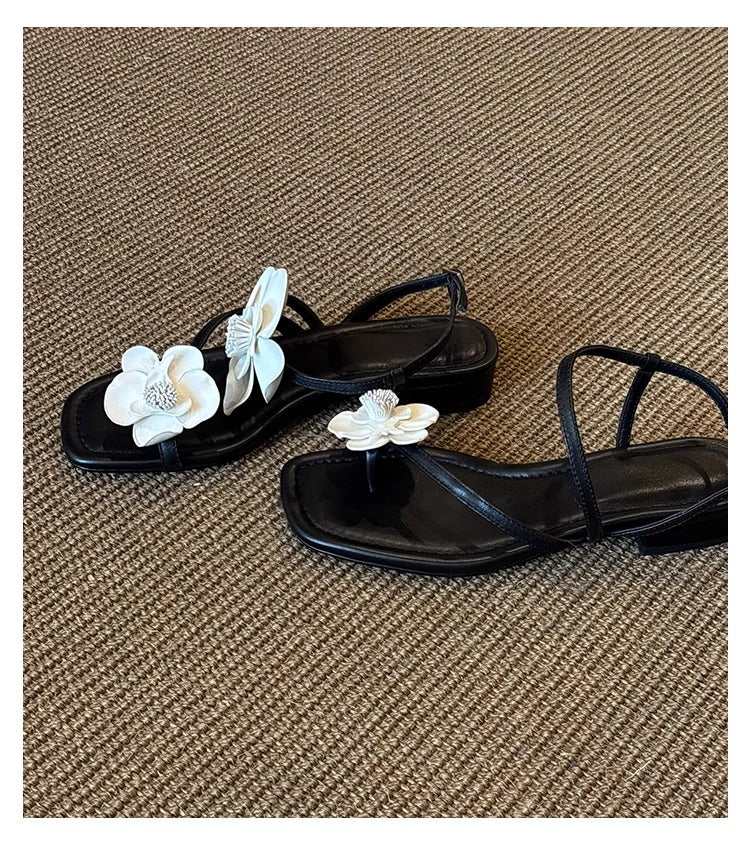 Women's French Floral One-Strap Sandals, New Arrival For Spring & Summer, Fairy Style Soft Leather Open Toe Beach Sandals