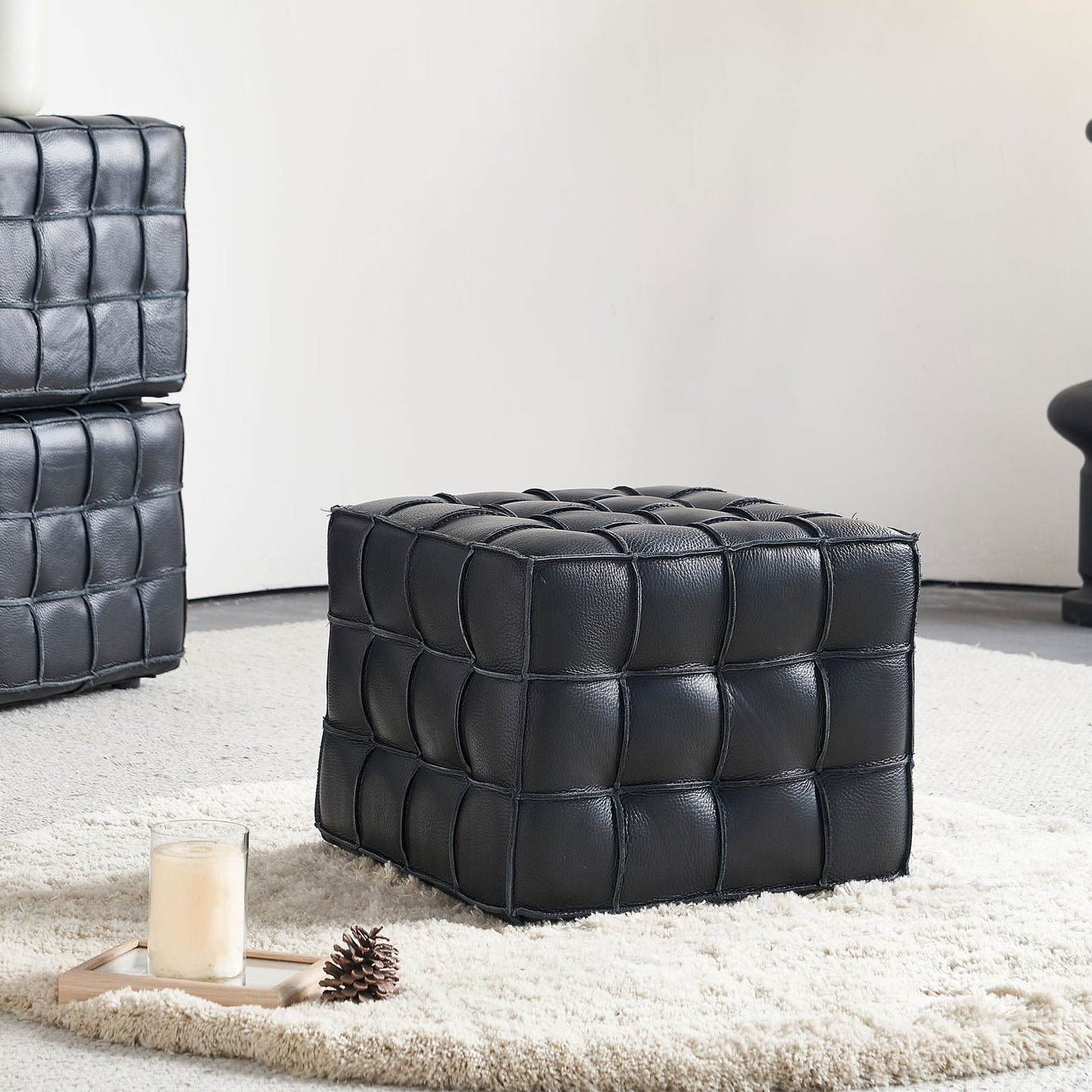 17.32'' Quality Leather Tufted Ottoman Footstool for Living Room, Black