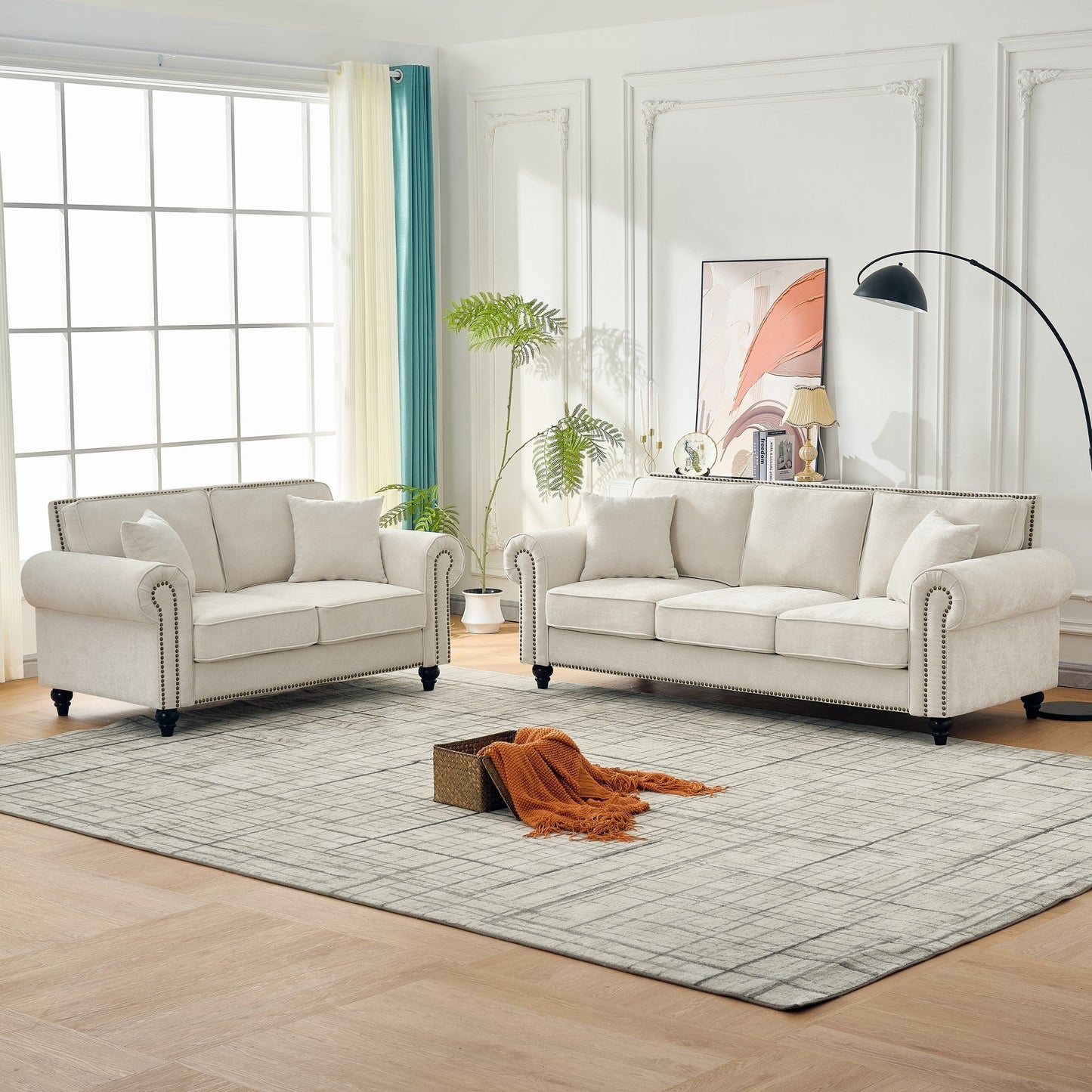 Loveseat Chenille Beige Rolled Arms Nailhead Trim 63 In 700 LB
