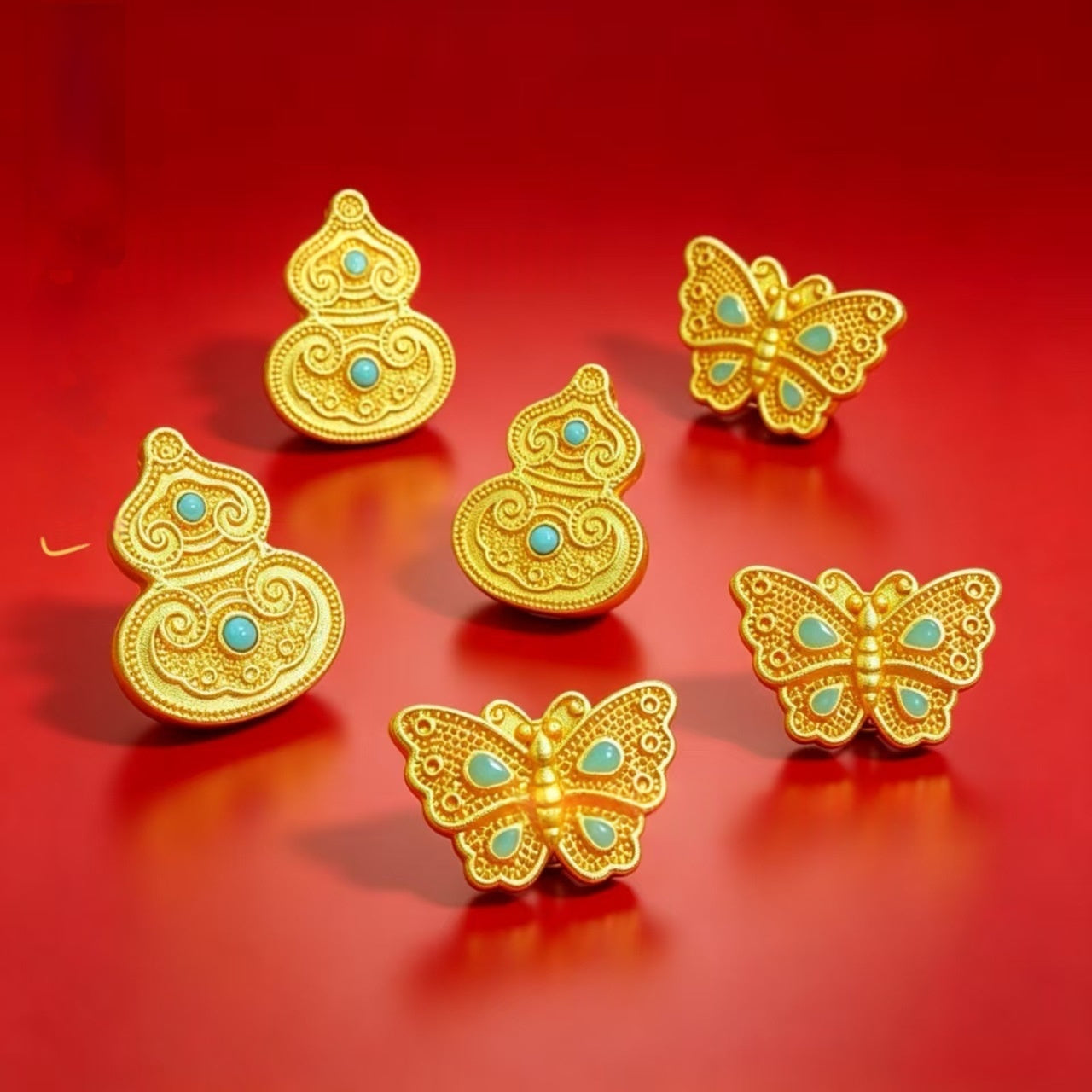 Alluvial Gold Filigree Inlaid With Turquoise Butterfly And Gourd-shaped Loose Beads