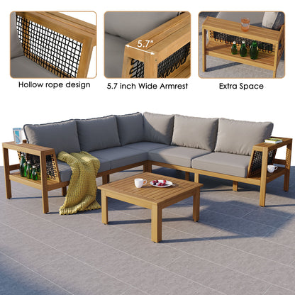 Outdoor Sofa Set Acacia Wood Rope Gray Cushion 4 Piece L-Shape Seats 6