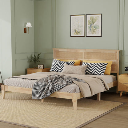 King Size Solid Wood Bed with Rattan Headboard, Rubber Wood Bed with Central