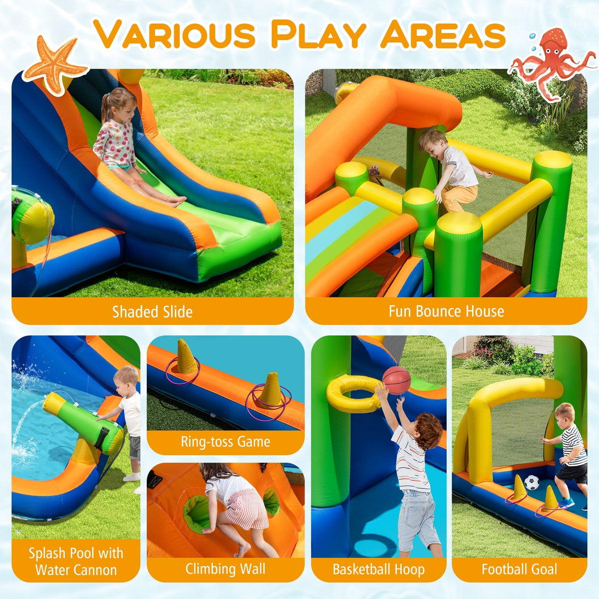 8-in-1 Jumping Castle with Slide and 520W Blower