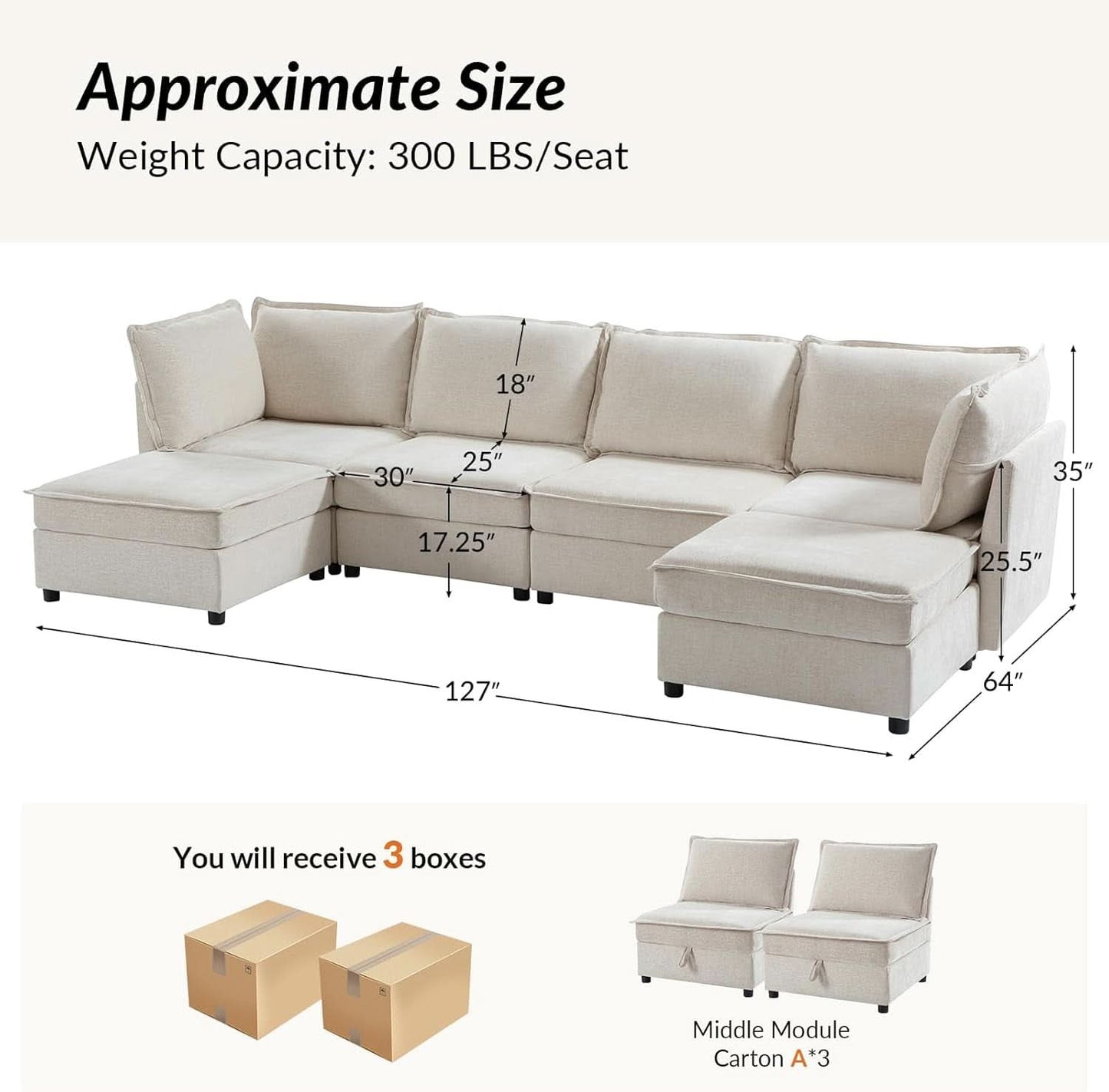 127 Inch Modular Sectional Sofa Beige with Storage Ottoman