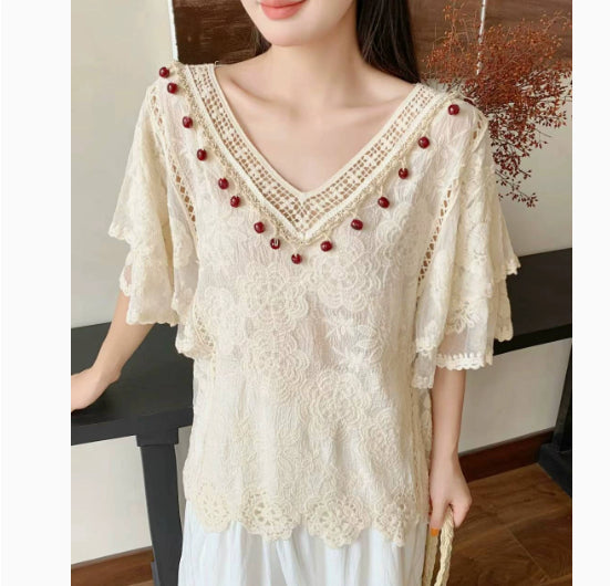 Womens Fashion Embroidered Hollow Lace Short-Sleeve Shirt