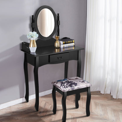 Wooden Vanity Makeup Set with Cushioned Stool and Oval Rotating Mirror