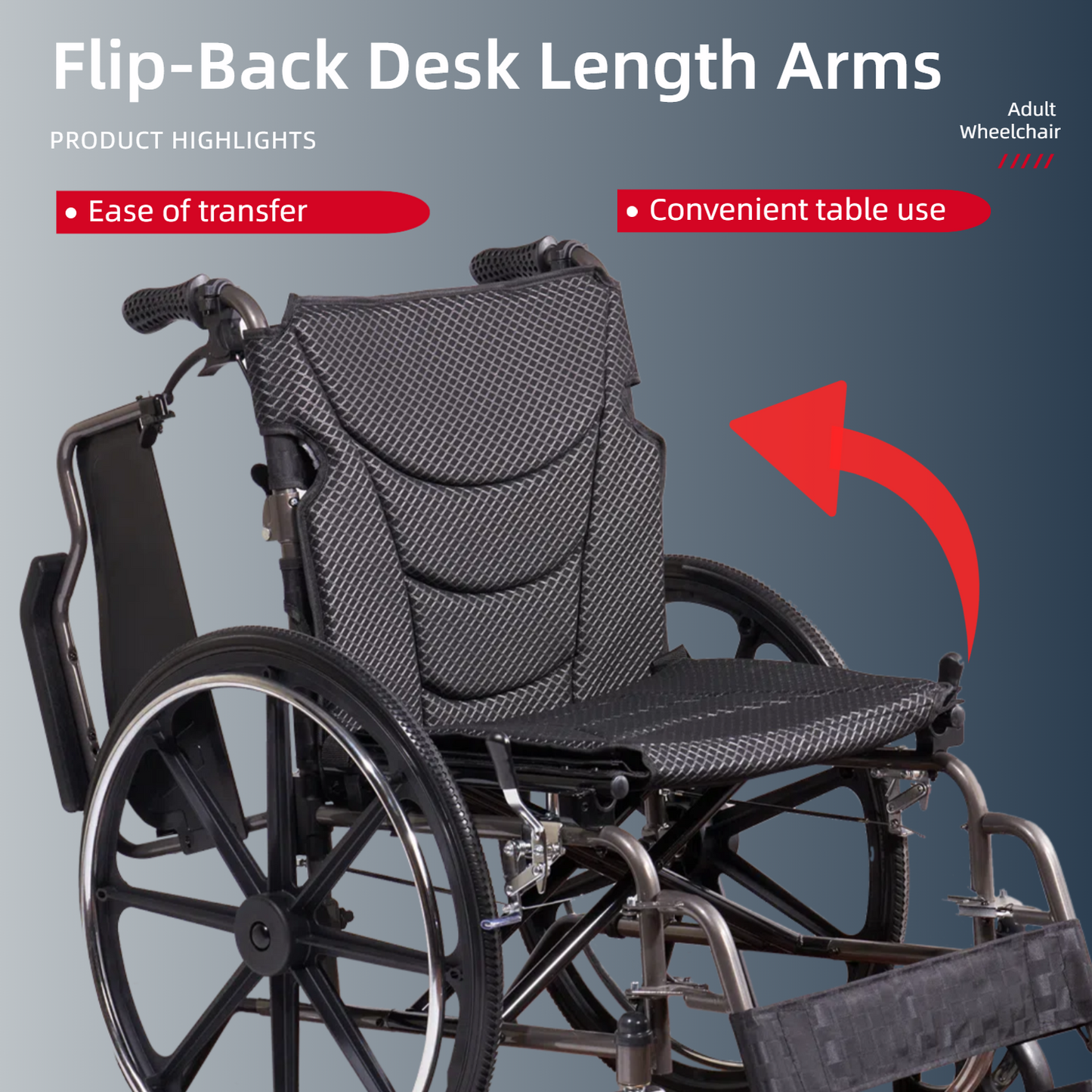Wheelchair Manual Transport Folding Carbon Steel 18 In Seat Memory Foam Dark Gray