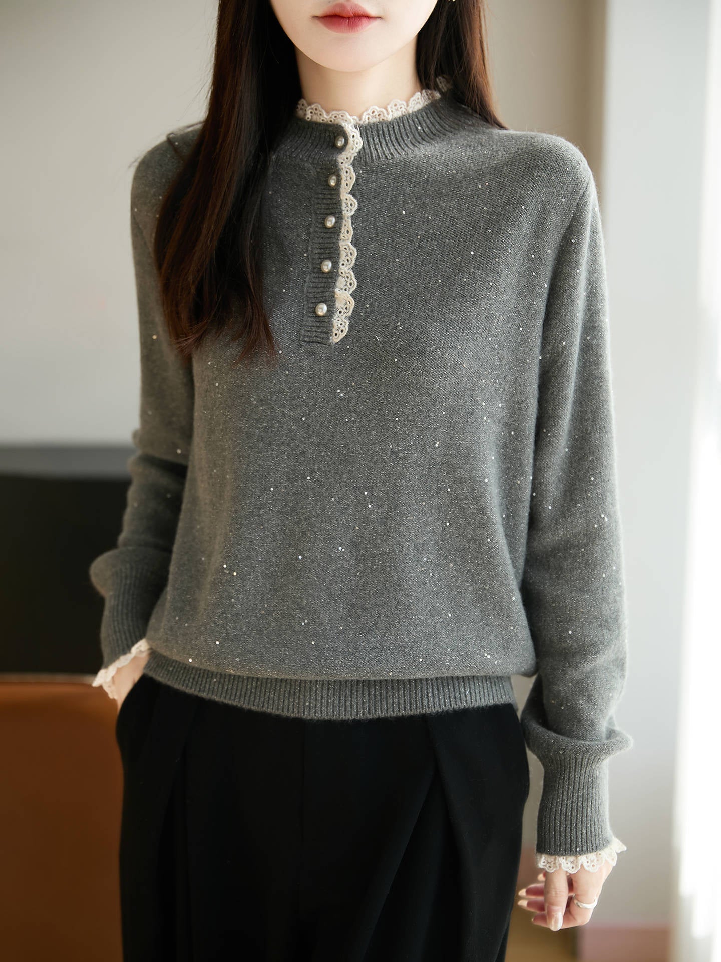 Womens Lace Mock Neck Base Layer Top