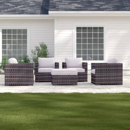 Outdoor Patio Set HDPE Wicker Brown 5 Piece 4 Armchairs Ottoman Cushions