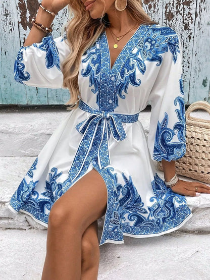 Printed Balloon Sleeve Mini Dress