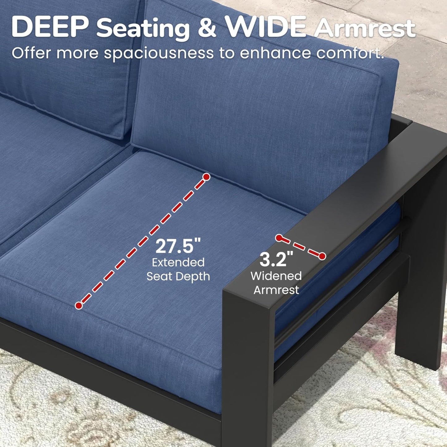 Outdoor Aluminum Sofa 3 Seat 74" Blue Cushions