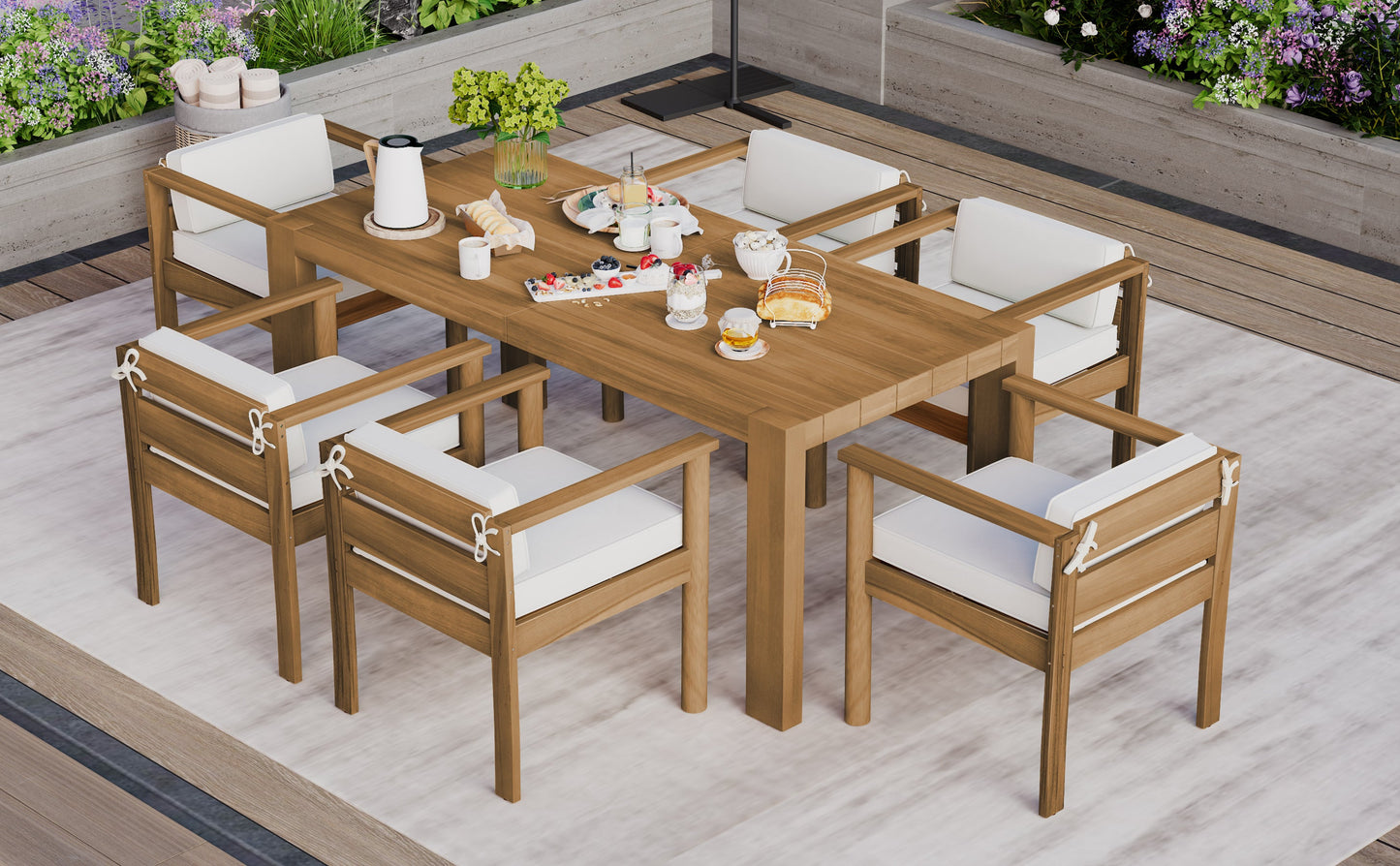 Outdoor Dining Set Acacia Wood Light Teak 7 Piece Rectangle Seats 6