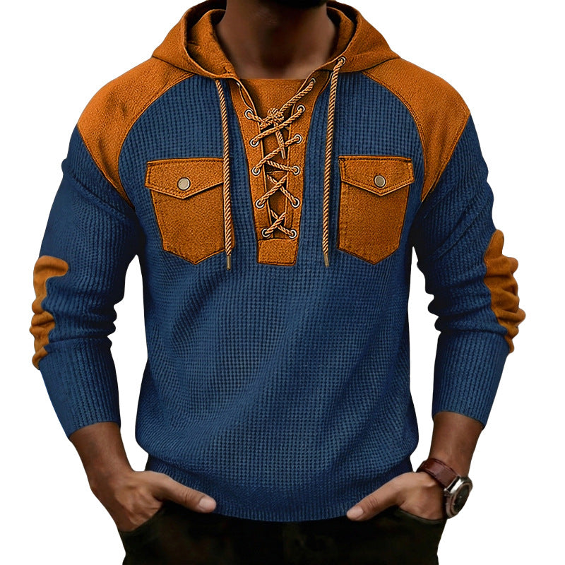 Mens Waffle-Weave Hooded Long-Sleeve Sweatshirt