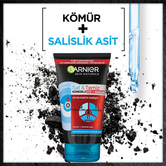 Garnier Charcoal Face Mask and Peeling Product - 3-in-1 Skincare Solution for Blackhead Removal