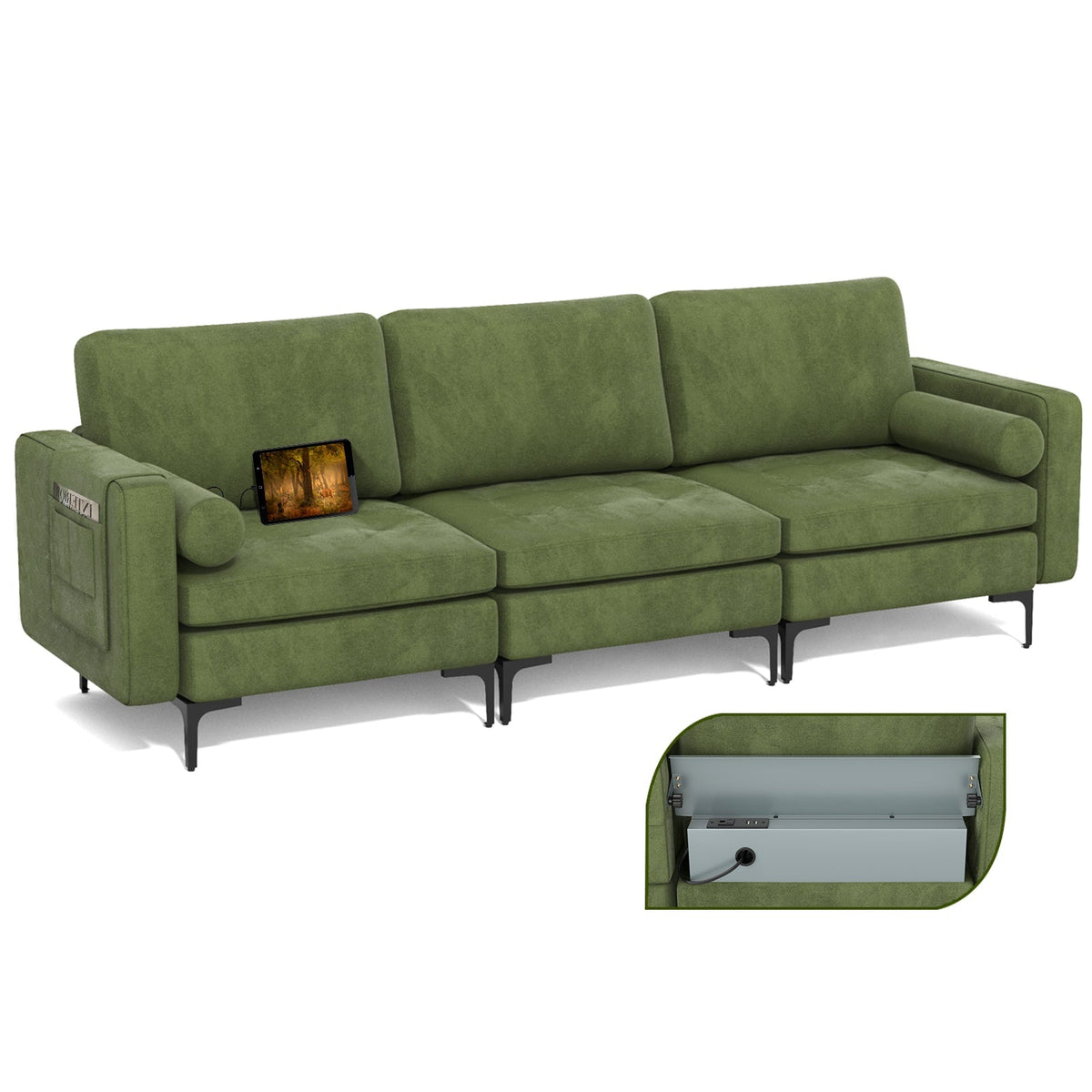 Modular 1/2/3/4-Seat L-Shaped Sectional Sofa Couch with Socket USB Port-3-Seat with USB port