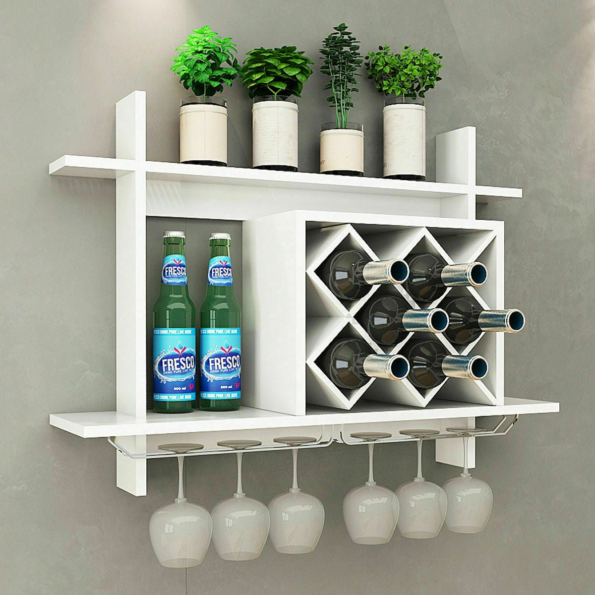 Wall Mount Wine Rack Organizer with Glass Holder Storage Shelf