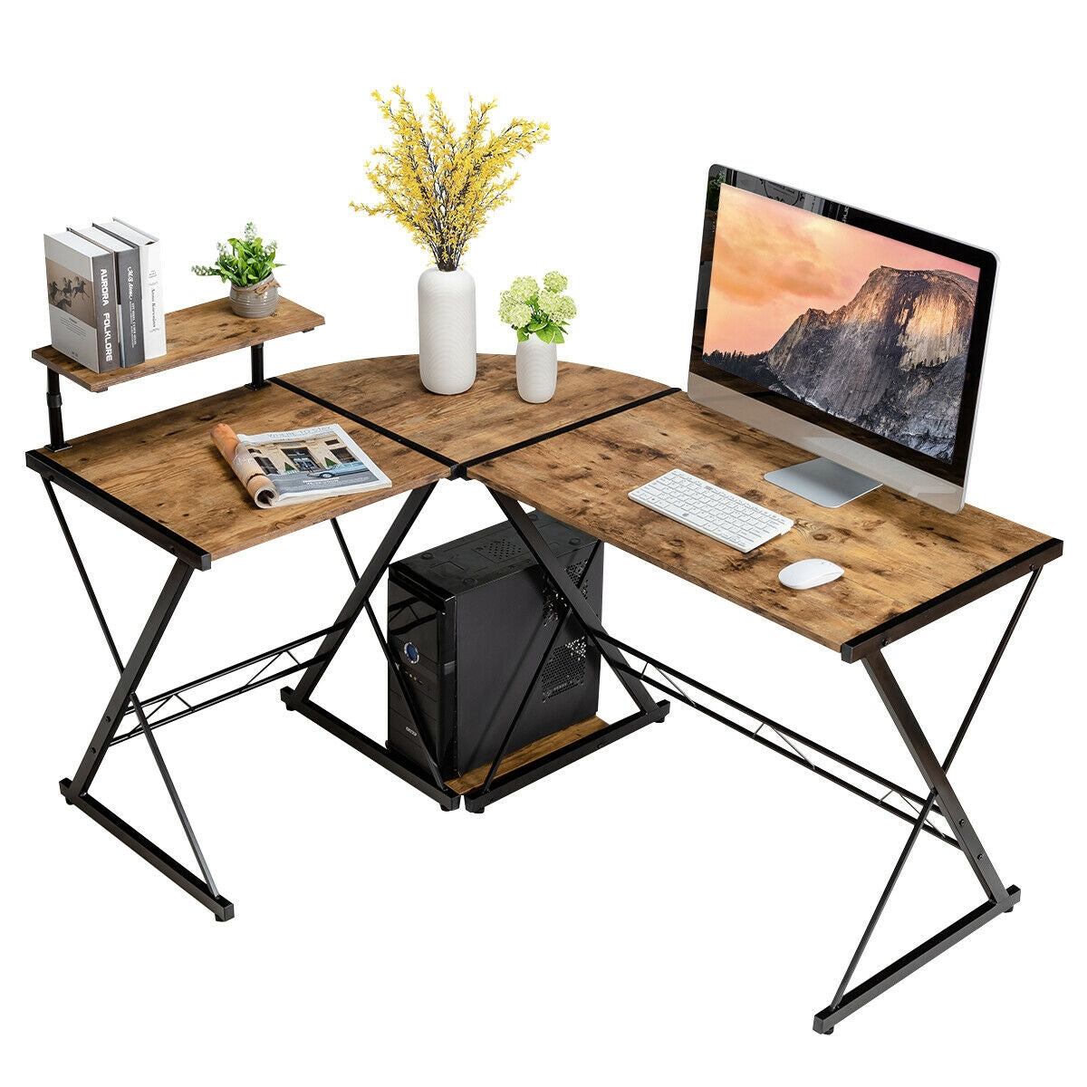 L-Shaped Desk Reversible Corner Computer Desk with Movable Shelf and CPU Stand