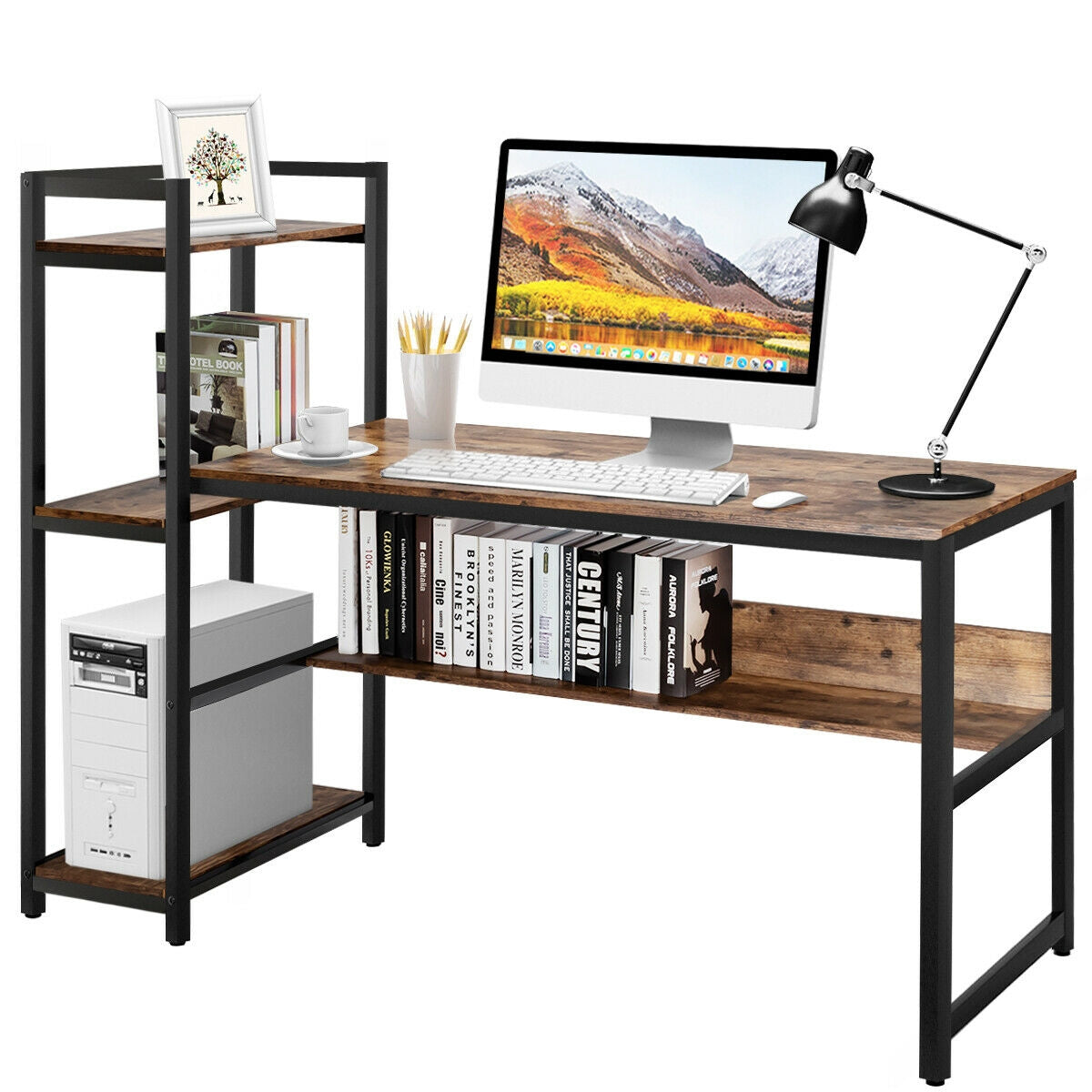 59-Inch Computer Desk Home Office Workstation 4-Tier Storage Shelves