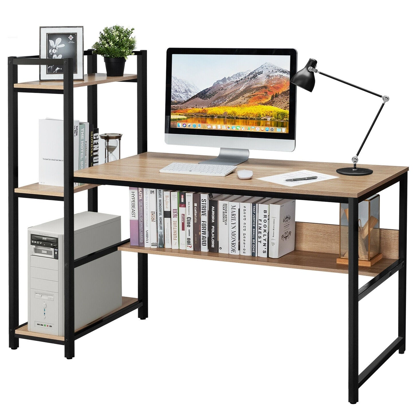 59-Inch Computer Desk Home Office Workstation 4-Tier Storage Shelves