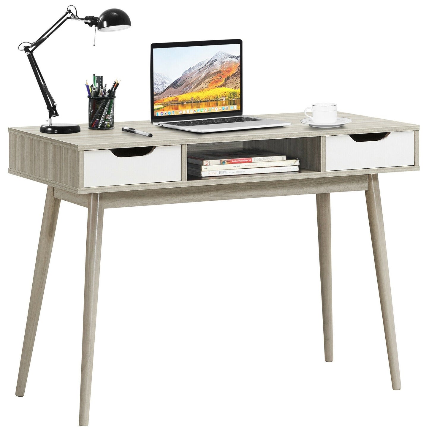 Stylish Computer Desk Workstation with 2 Drawers and Solid Wood Legs