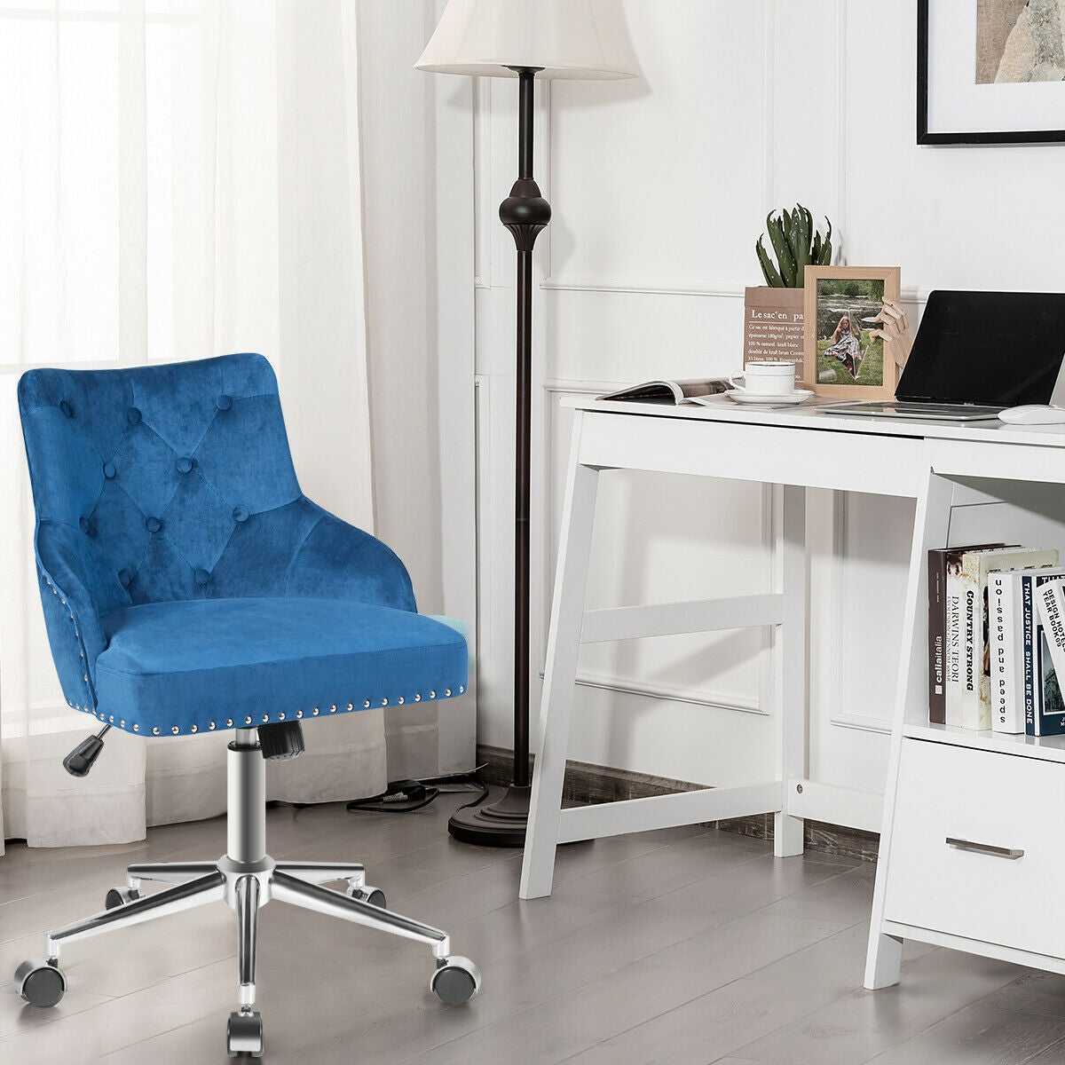 Tufted Upholstered Swivel Computer Desk Chair with Nailed Tri