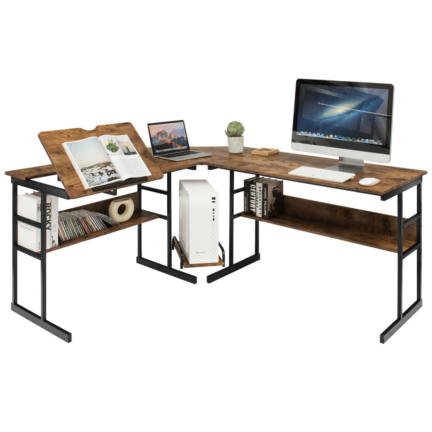 L-Shaped Computer Desk with Tiltable Tabletop