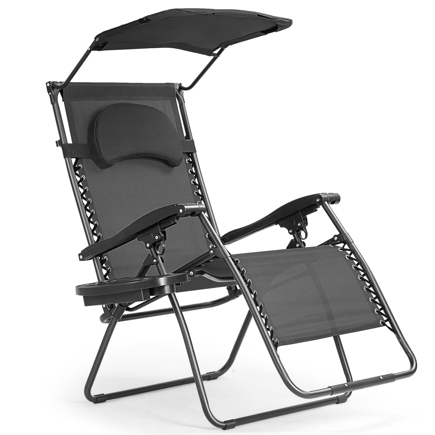 Folding Recliner Lounge Chair with Shade Canopy Cup Holder