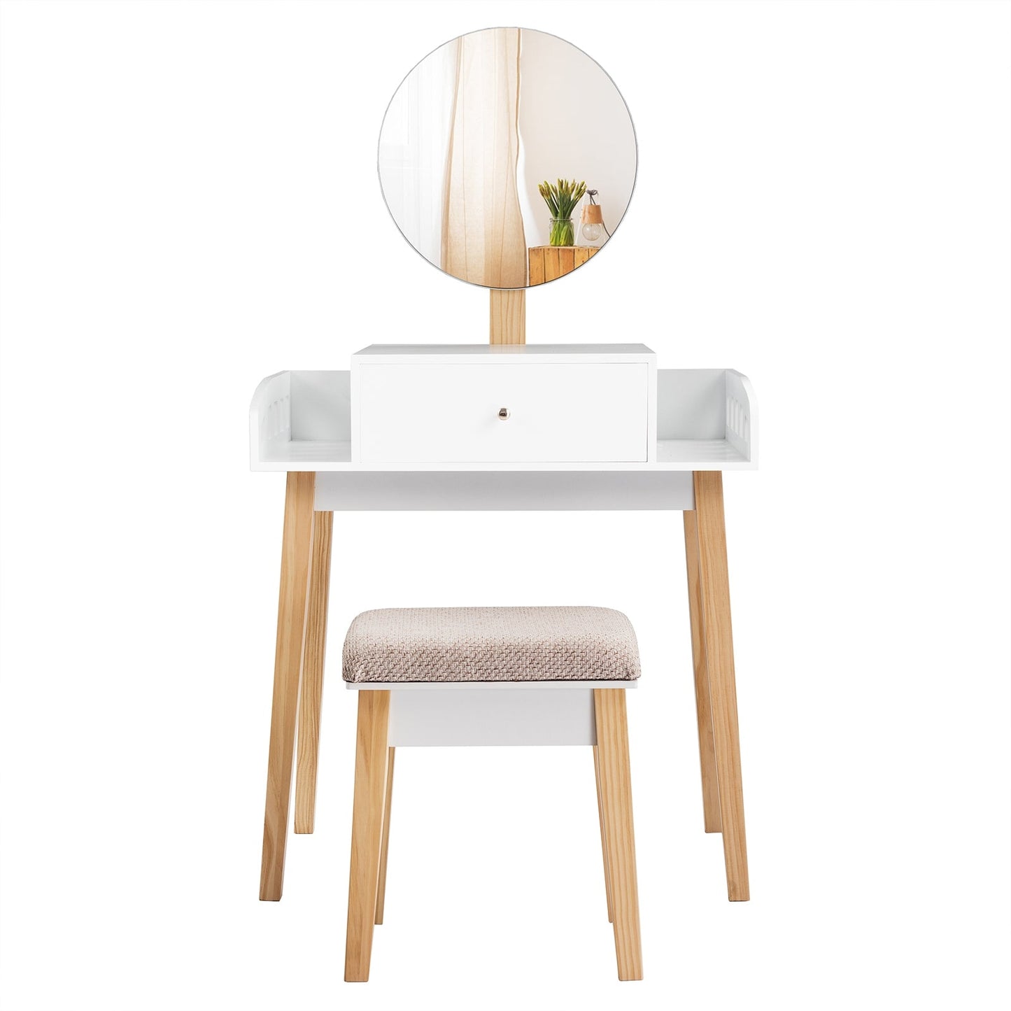 Wooden Makeup Dressing Mirror Table Set with Drawer