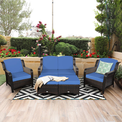 5 Pieces Patio Rattan Sofa Set with Cushion and Ottoman