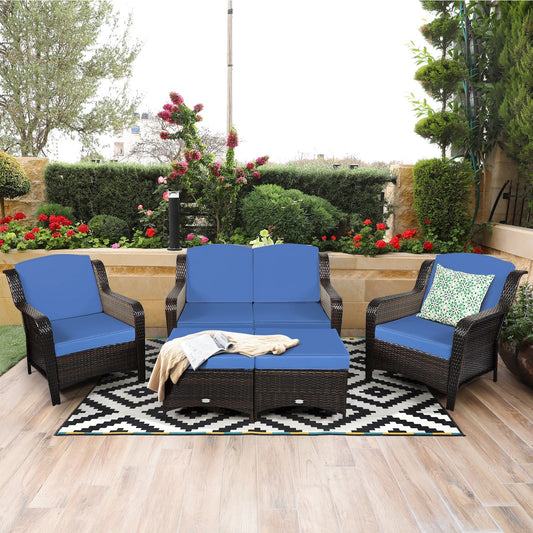 5 Pieces Patio Rattan Sofa Set with Cushion and Ottoman