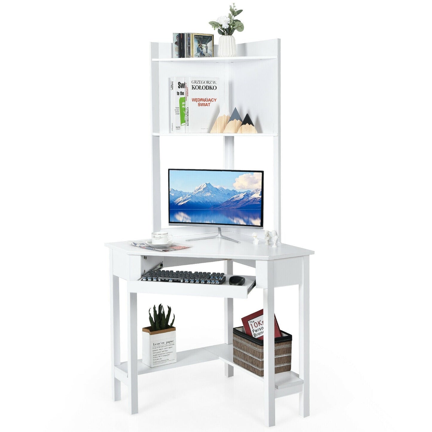 Corner Computer Desk with Hutch and Storage Shelves