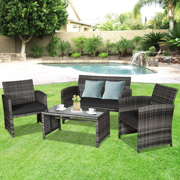 4 Pieces Patio Rattan Furniture Set with Glass Table and Loveseat-Gray