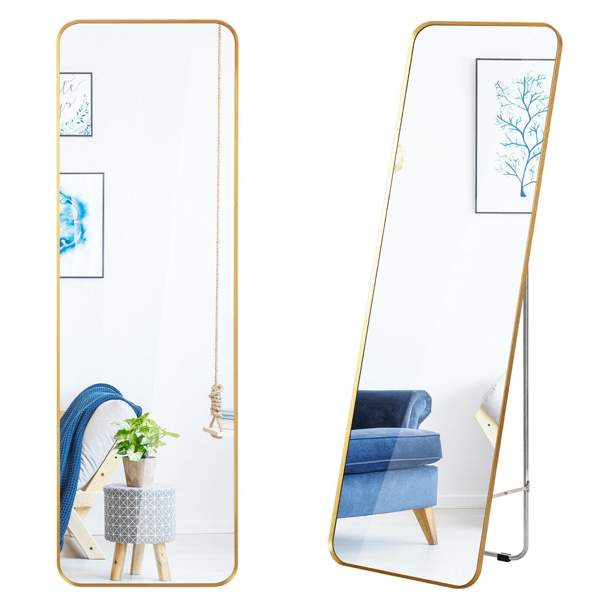 Full Length Wall Mounted Body Mirror with Free Standing Stand-Golden