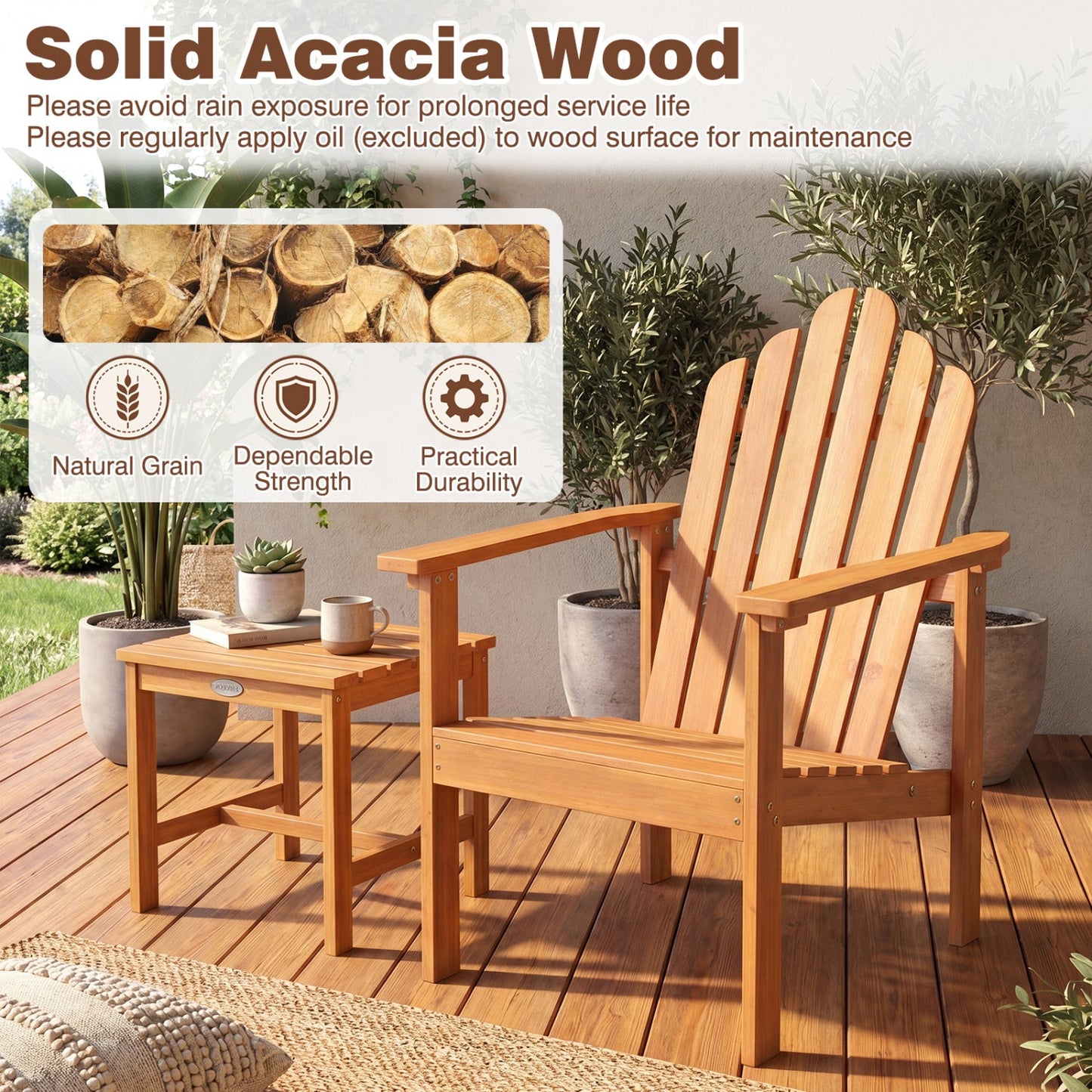 Stackable Adirondack Chairs - Solid Acacia Wood (2-Pack)