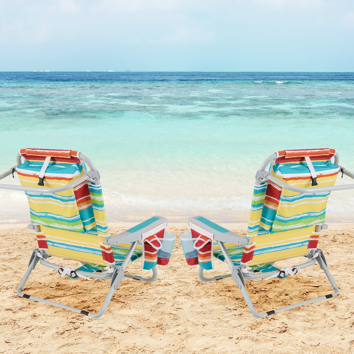 1 Piece Foldable Backpack Beach Chair with Cup Holder and Storage Pockets for Outdoor
