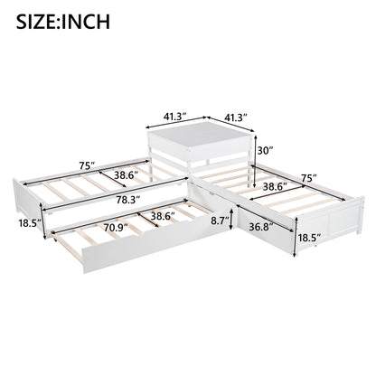 L Shaped Platform Bed With Trundle And Drawers Linked With Built In Desk