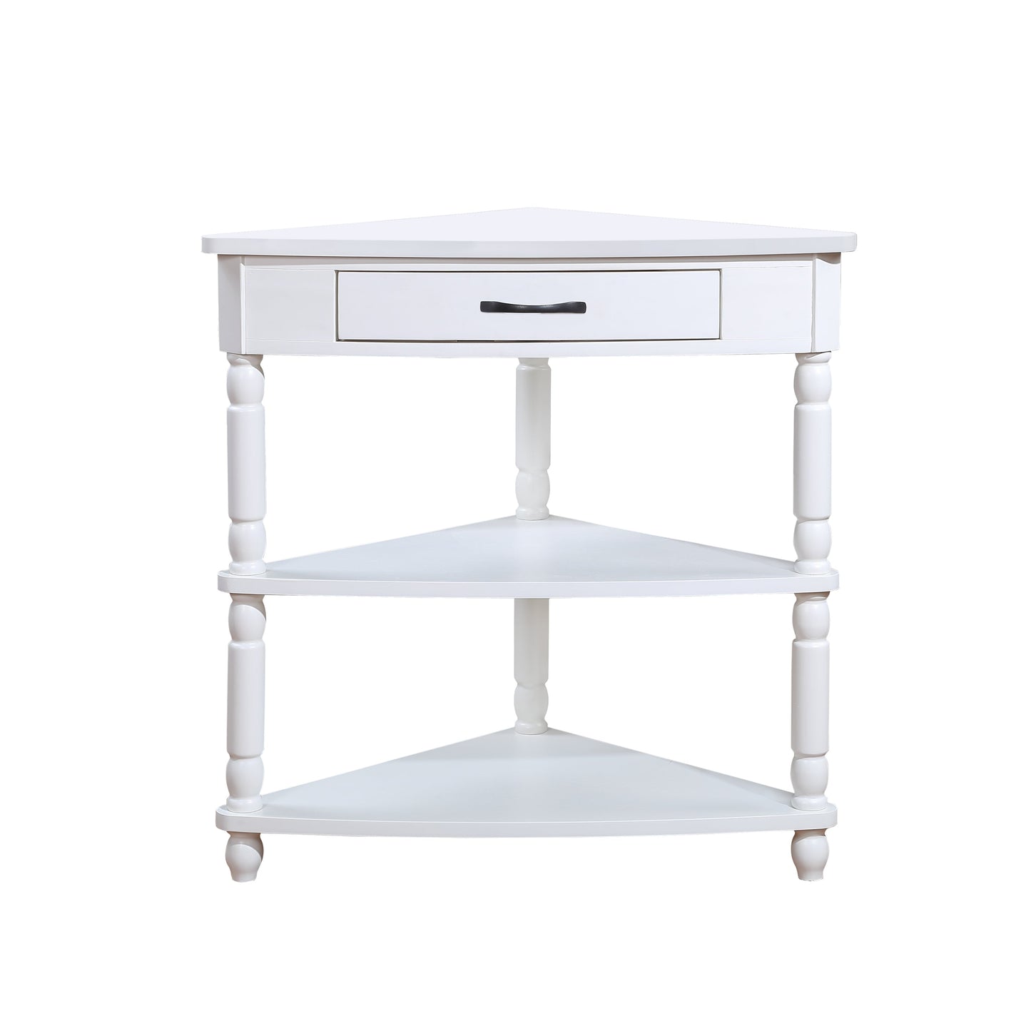 33.8 in Triangle Corner Table, 3-Tier Solid Wood Legs, Small Spaces, Milk White